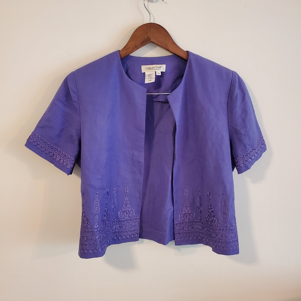 Coldwater Creek linen blend embroidered boxy jacket indigo size petite 10